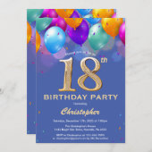 第18誕生日青と金ゴールドカラフル気球 招待状 (正面/裏面)