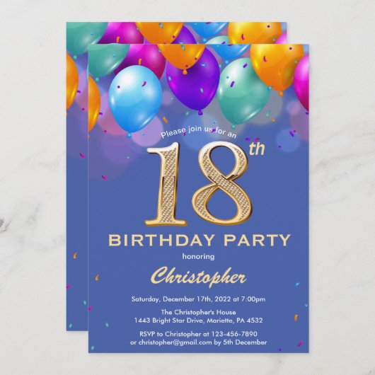 第18誕生日青と金ゴールドカラフル気球 招待状 (正面/裏面)