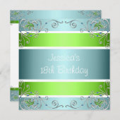 第18誕生日青緑白銀金属フローラ 招待状 (正面/裏面)