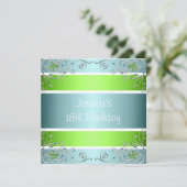 第18誕生日青緑白銀金属フローラ 招待状 (スタンド正面)