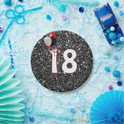 第18誕生日風船オンブラックグリッター ペーパープレート (パーティー)