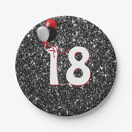 第18誕生日風船オンブラックグリッター ペーパープレート (正面)