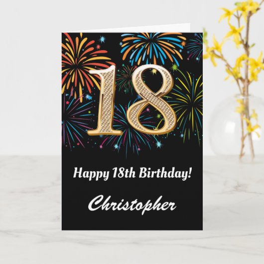 第18誕生日・レインボー花火が黒と金ゴールド カード (黄色い花)