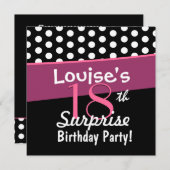 第18驚きの誕生日の白黒の水玉模様のピンク 招待状 (正面/裏面)