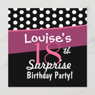 第18驚きの誕生日の白黒の水玉模様のピンク 招待状