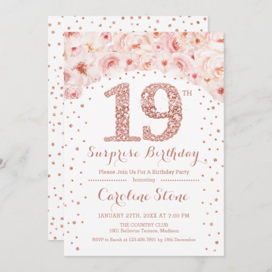 第19回サプライズ誕生日パーティー – ホワイトローズ金ゴールド 招待状 (正面/裏面)