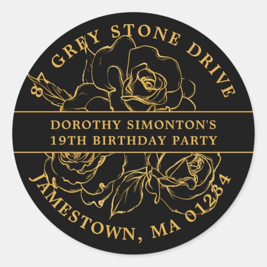 第19誕生日金ゴールドバラ差出人住所ラベル ラウンドシール (正面)