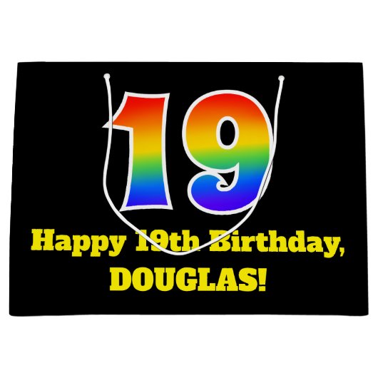 第19誕生日～おもしろい, カラフル, 鮮やか, Rainbow 19 ラージペーパーバッグ (正面)