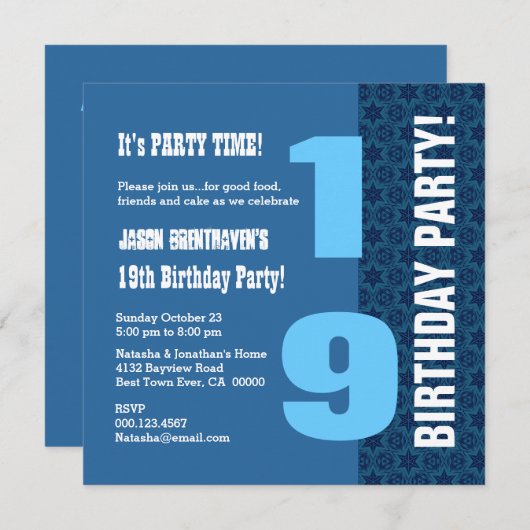 第19 10代のな誕生日のモダンな濃紺はT7Fを主演します 招待状 (正面/裏面)