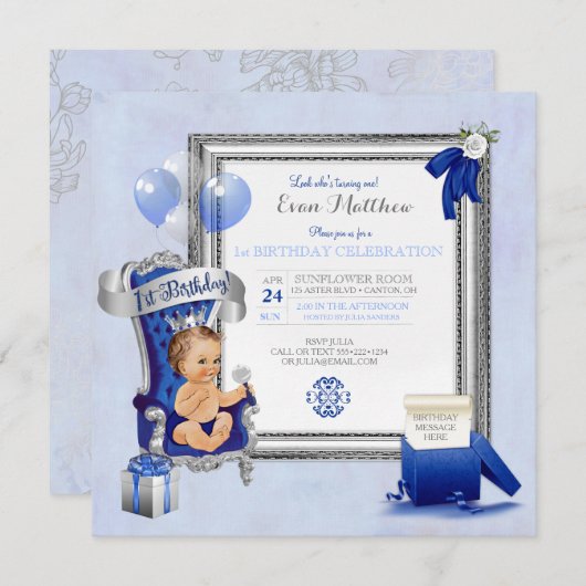 第1 Boy誕生日の王子のロイヤルブルーの銀の写真 招待状 (正面/裏面)