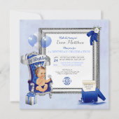 第1 Boy誕生日の王子のロイヤルブルーの銀の写真 招待状 (正面)