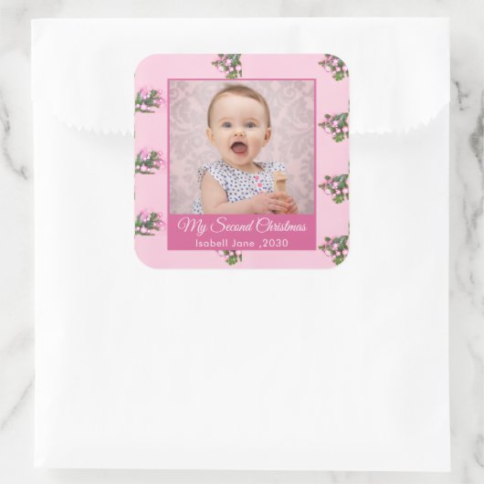 第2のクリスマスカスタム家族の写真文字ピンク スクエアシール (バッグ)