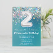 第2の誕生日招待状ティール(緑がかった色)シルバーグリッター 招待状 (スタンド正面)