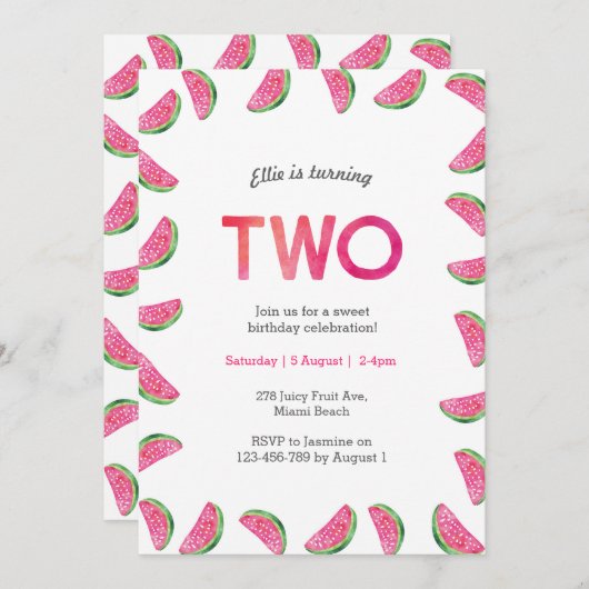 第2の誕生日招待状 |熱帯スイカピンク 招待状 (正面/裏面)
