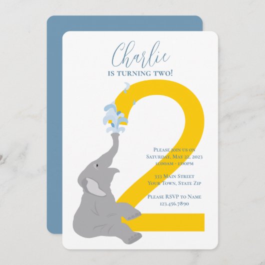 第2バースデーグレイモダンエレファントパーティの招待状 招待状 (正面/裏面)
