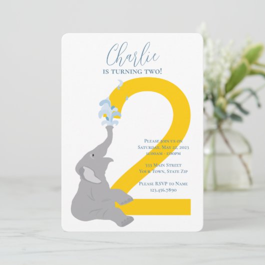 第2バースデーグレイモダンエレファントパーティの招待状 招待状 (スタンド正面)