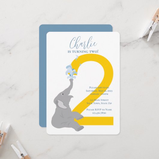 第2バースデーグレイモダンエレファントパーティの招待状 招待状 (正面/裏面インサイチュ)