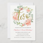 第2バースデーピンク金ゴールドフローラリース招待状 招待状 (正面)