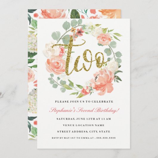第2バースデーピンク金ゴールドフローラリース招待状 招待状 (正面/裏面)