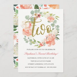 第2バースデーピンク金ゴールドフローラリース招待状 招待状