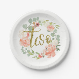 第2バースデーピンク金ゴールドフローラリース紙プレート ペーパープレート