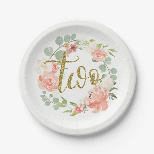 第2バースデーピンク金ゴールドフローラリース紙プレート ペーパープレート (正面)