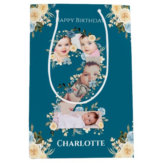 第2バースデーフォトティール（緑がかった色）コラージブルーイエローフラワー ミディアムペーパーバッグ (正面)