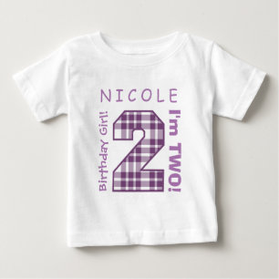 第2ベビーの誕生日大きい数A42紫色の格子縞 ベビーTシャツ