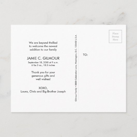 第2ベビー写真オレンジありがとう赤ちゃんシャワー 案内ポストカード (裏面)