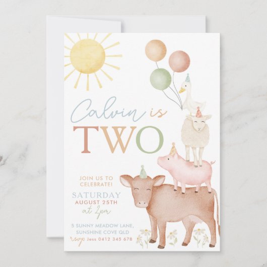 第2期バースデーファームアニマルズ納屋周囲の庭パーティー少年 招待状 (正面)