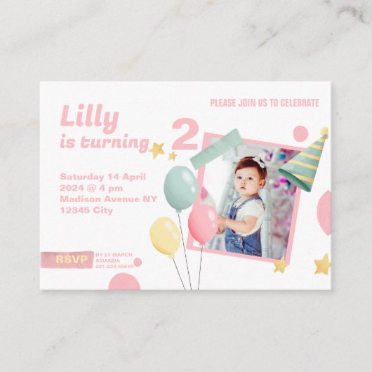 第2期誕生日ガールかわいいフォトブース招待状 エンクロージャーカード (正面)