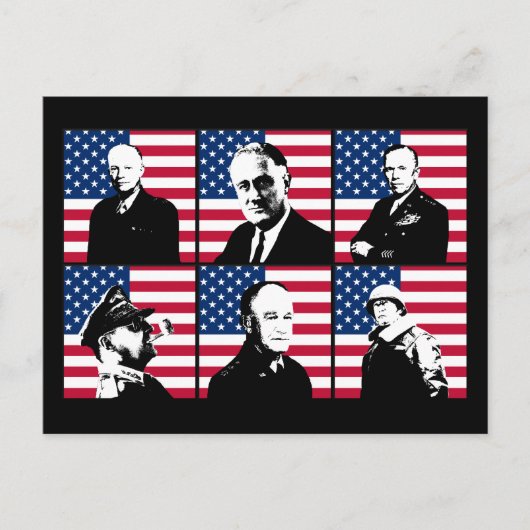 第2次世界大戦ヒーローとアメリカ国旗 ポストカード (正面)