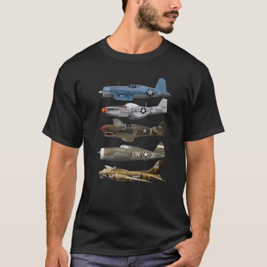 第2次世界大戦戦闘機B-17 P51ムスタンF4UコルセアP40戦争 Tシャツ (正面)