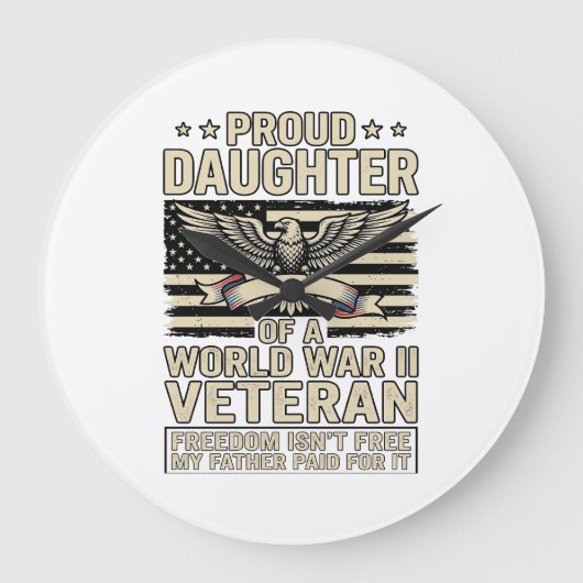 第2次世界大戦退役軍人の娘であることを誇りに思うTシャツデザイン ラージ壁時計 (正面)