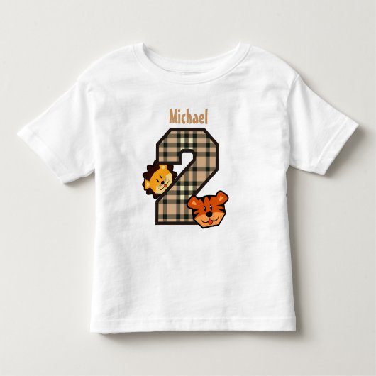 第2誕生日のピンクの格子縞のトラのライオン2歳V3 トドラーTシャツ (正面)