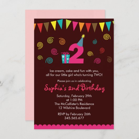 第2誕生日の女の子のかわいいパーティの招待状 招待状 (正面/裏面)