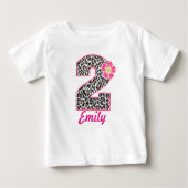 第2誕生日の女の子のショッキングピンク及びヒョウのプリント ベビーTシャツ (正面)