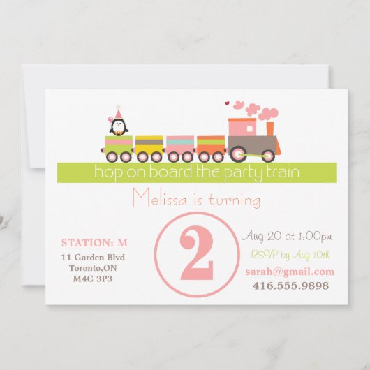 第2誕生日の女の子の列車の招待状 招待状 (正面)