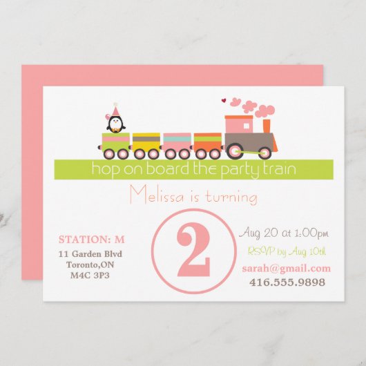 第2誕生日の女の子の列車の招待状 招待状 (正面/裏面)