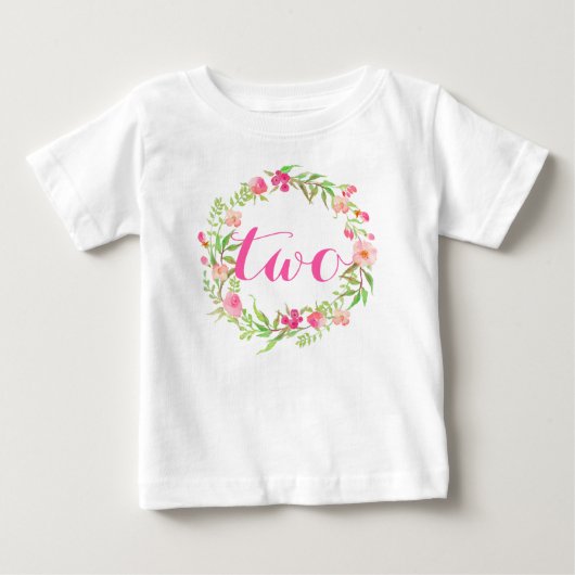 第2誕生日の女の赤ちゃんの水彩画の花のリース ベビーTシャツ (正面)
