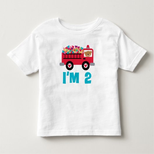 第2誕生日の普通消防車の消防士の幼児のTシャツ トドラーTシャツ (正面)
