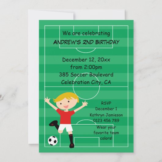 第2誕生日の赤と白のサッカーのゴールの招待状 招待状 (裏面)