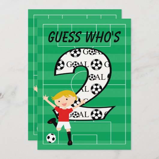 第2誕生日の赤と白のサッカーのゴールの招待状 招待状 (正面/裏面)