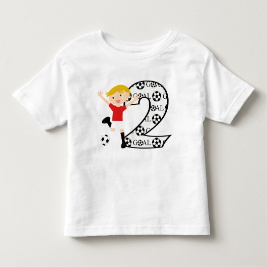 第2誕生日の赤と白のサッカーのゴールのTシャツ トドラーTシャツ (正面)