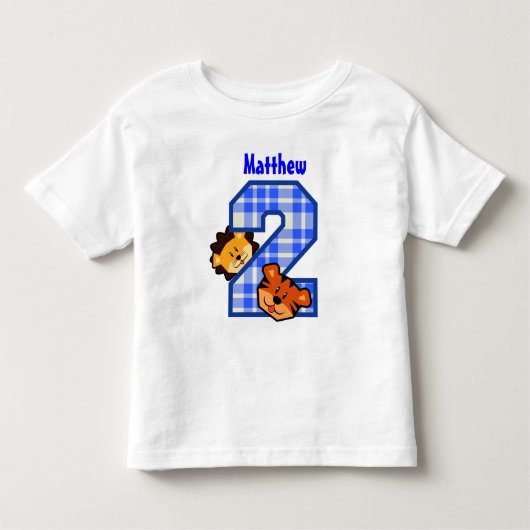 第2誕生日の青い格子縞のトラのライオン2歳V4 トドラーTシャツ (正面)
