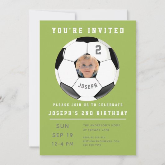 第2誕生日グリーンフォトサッカー招待状 招待状 (正面)