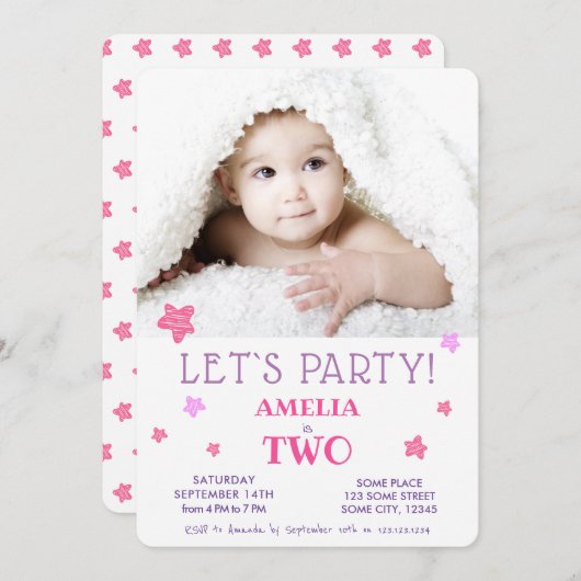 第2誕生日パーティーカウトピンクスターズ招待状 招待状 (正面/裏面)