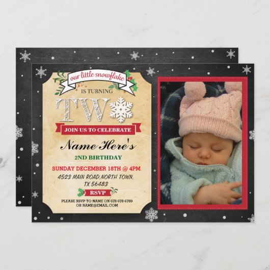 第2誕生日パーティーツーウィンターフェスティバルフォト招待状 招待状 (正面/裏面)