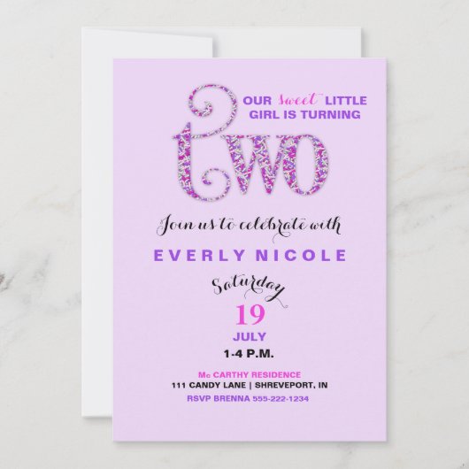 第2誕生日ラベンダーパープルピンクの振り掛け 招待状 (正面)