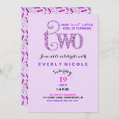 第2誕生日ラベンダーパープルピンクの振り掛け 招待状 (正面/裏面)